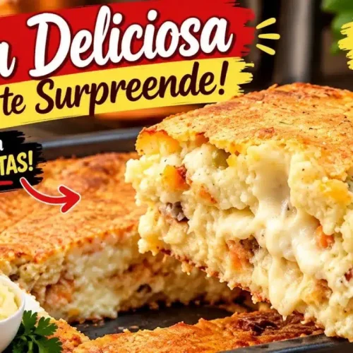 Deliciosa torta dourada recheada com um cremoso purê de batatas aromatizado